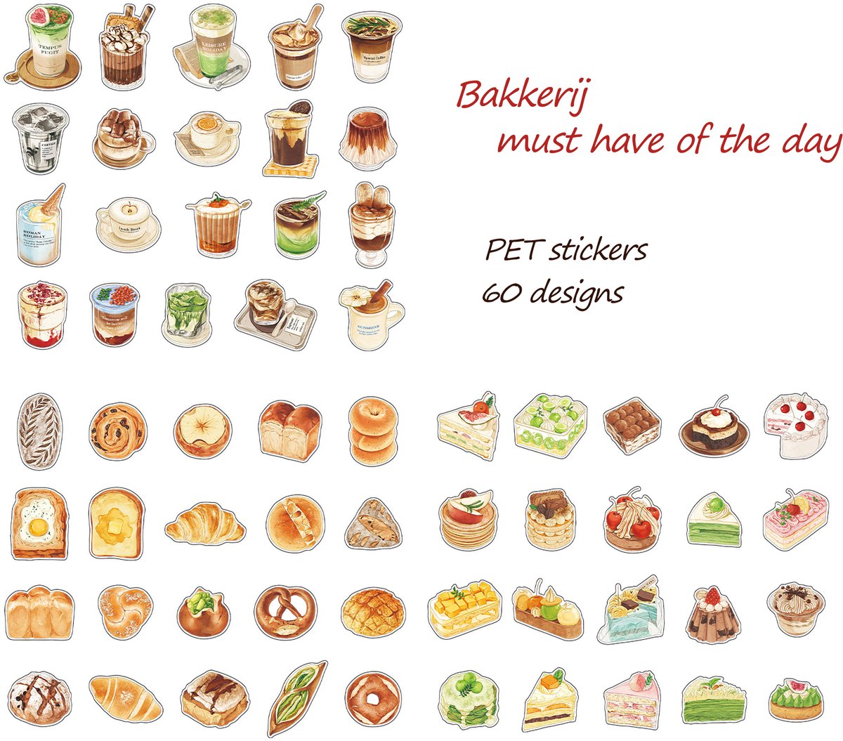 Ainy Bakkerij PET Stickers 60 stuks voor bullet journal, fotoalbum, laptop, telefoon, waterfles en zelfs als muursticker | knutselen stickervellen voor kinderen en volwassenen